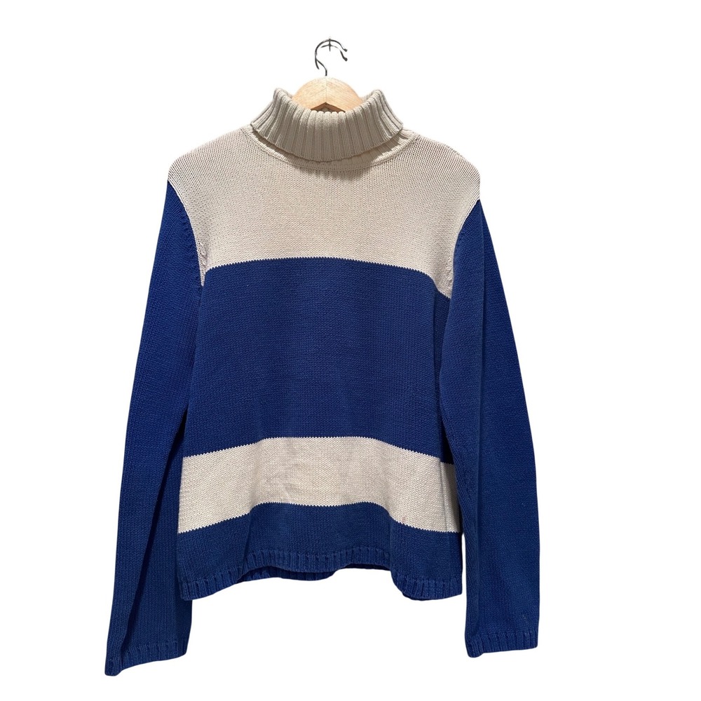 Vintage Talbots Blue White Striped Chunky Turtleneck Sweater Size XL Cotton